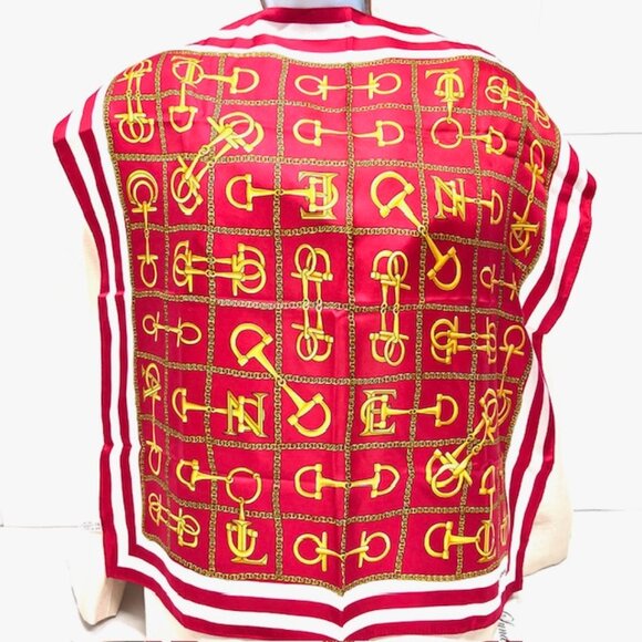 New Unused Lancel Paris 100% Silk Satin Scarf 23" red white gold chain (77 - Picture 4 of 7
